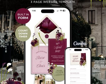 Burgundy, Pink & Green Save the Date Website: Canva Digital Invitation Template (Instant Download)