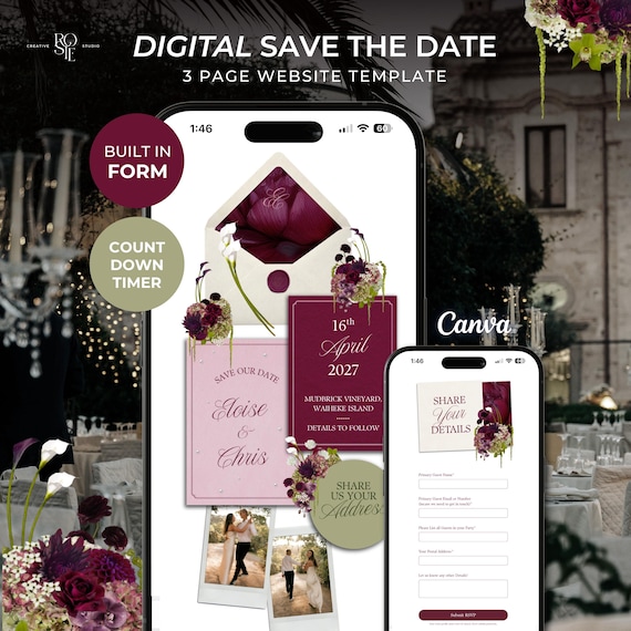 Burgundy, Pink & Green Save the Date Website: Canva Digital Invitation Template (Instant Download)