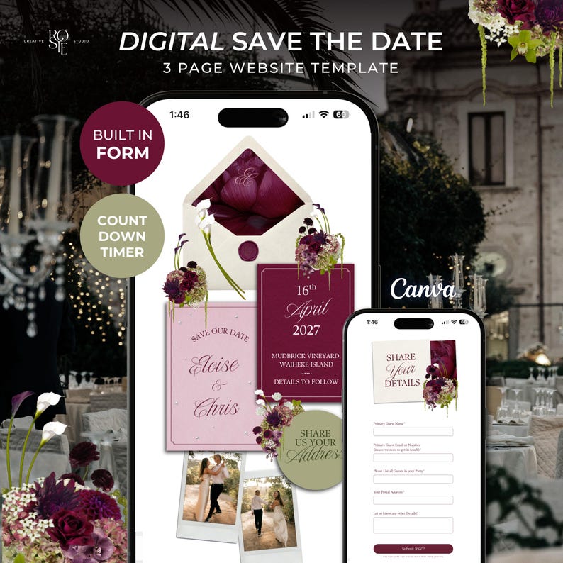 Op de afbeelding: Een digitale save the date 3-pagina website template weergegeven op twee smartphones. Het ontwerp bevat bordeauxrode en roze bloemenaccenten, een envelopafbeelding en tekst waaronder 16th April 2027, Eloise & Chris en een ingebouwd formulier.