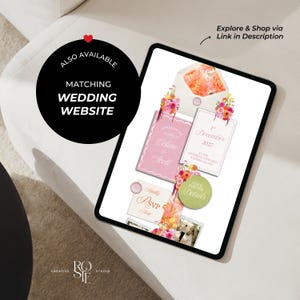 May include: A digital tablet displaying a wedding invitation suite featuring floral illustrations in shades of pink and orange. The screen shows an envelope, a pink card with the text Celine & Scott, a white card with the date 1st December 2027, and an RSVP card with a wax seal. A green circular button reads Click for the Details.