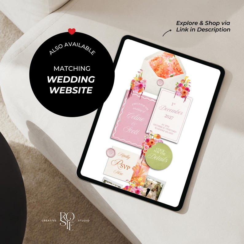 May include: A digital tablet displaying a wedding invitation suite featuring floral illustrations in shades of pink and orange. The screen shows an envelope, a pink card with the text Celine & Scott, a white card with the date 1st December 2027, and an RSVP card with a wax seal. A green circular button reads Click for the Details.