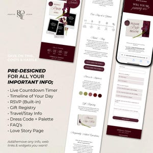 May include: A digital wedding invitation template featuring a burgundy and white color scheme. The layout includes a countdown timer, a day timeline, travel information, a gift registry, a dress code color palette, and an integrated RSVP form.