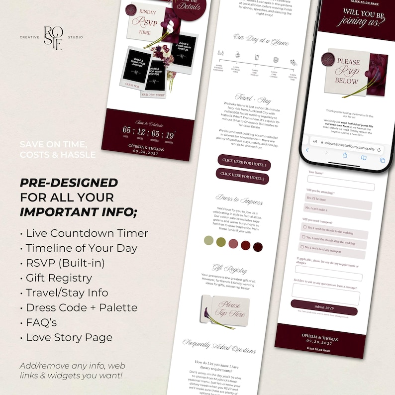 May include: A digital wedding invitation template featuring a burgundy and white color scheme. The layout includes a countdown timer, a day timeline, travel information, a gift registry, a dress code color palette, and an integrated RSVP form.