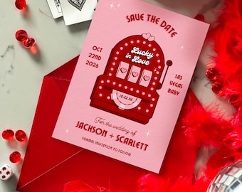 Retro Vegas Save the Date: Lucky in Love Elopement Invite (DIY Canva Template, Digital Download)
