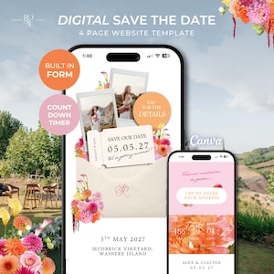 May include: A digital save the date 4-page website template displayed on two smartphones. The screens feature floral graphics, polaroid-style photos, a ticket-shaped save the date card with the date 05.05.27, and a countdown timer for a wedding.