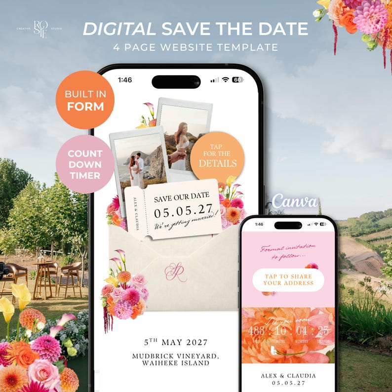 May include: A digital save the date 4-page website template displayed on two smartphones. The screens feature floral graphics, polaroid-style photos, a ticket-shaped save the date card with the date 05.05.27, and a countdown timer for a wedding.