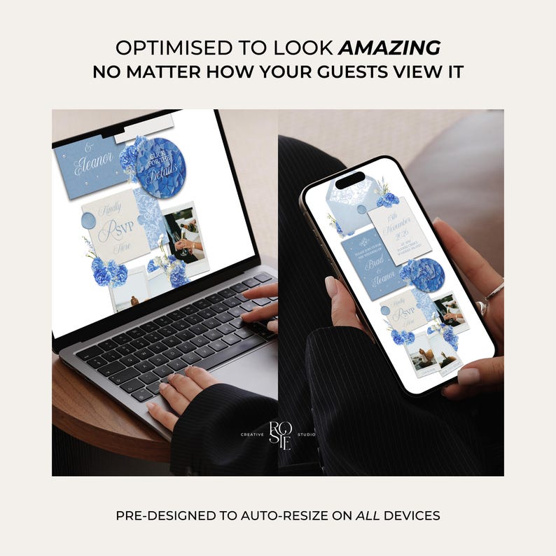 Puede incluir: Un port&aacute;til y un smartphone muestran invitaciones de boda digitales con detalles florales azules, tarjetas blancas y fotos estilo polaroid. El texto dice OPTIMISED TO LOOK AMAZING NO MATTER HOW YOUR GUESTS VIEW IT y PRE-DESIGNED TO AUTO-RESIZE ON ALL DEVICES.