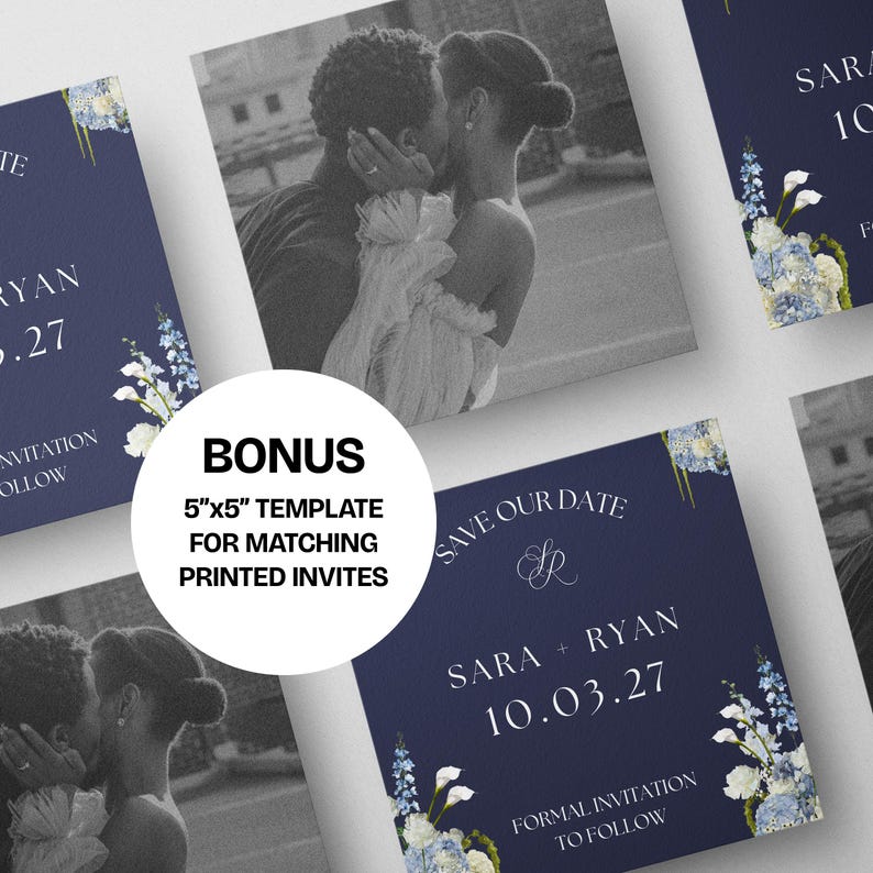 May include: Navy blue wedding invitations with floral accents and the text "Sara + Ryan 10.03.27." A bonus 5"x5" template for matching printed invites is included. The design features a photo of a couple kissing.