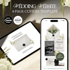 Può includere: Modello digitale di sito web di matrimonio visualizzato su tablet e smartphone. Il modello presenta un design di invito con grafica a busta, elementi floreali e il testo "Wedding Website" e "4 Page Custom Template."