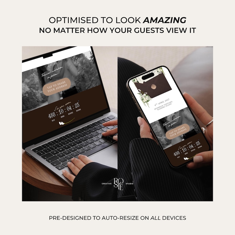 May include: A laptop and a smartphone displaying a digital wedding invitation website with a countdown timer, brown and white color scheme, and the text "TAP TO SHARE YOUR ADDRESS" and "488 : 10 : 04 : 23" visible on both screens.
