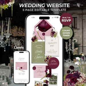 Pink, Burgundy & Green Floral Wedding Website Template with RSVP: Editable Canva Design (Digital Download)