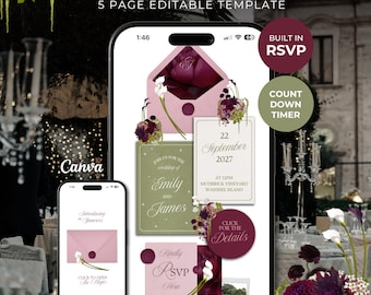 Pink, Burgundy & Green Floral Wedding Website Template with RSVP: Editable Canva Design (Digital Download)