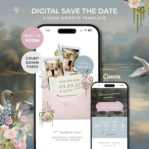 May include: A digital save the date 4-page website template for Canva displayed on two smartphones. The design features a pink envelope, polaroid photos, floral illustrations, and text including 'Save Our Date 03.03.27' and 'Evelyn + Hugo'.