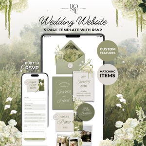 May include: A digital wedding website template displayed on a tablet and smartphone screen, featuring sage green and white floral designs, RSVP forms, and event details for Jessica and Robert on January 25th, 2028, at Tantalus Estate, Waiheke Island.