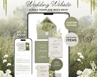 May include: A digital wedding website template displayed on a tablet and smartphone screen, featuring sage green and white floral designs, RSVP forms, and event details for Jessica and Robert on January 25th, 2028, at Tantalus Estate, Waiheke Island.