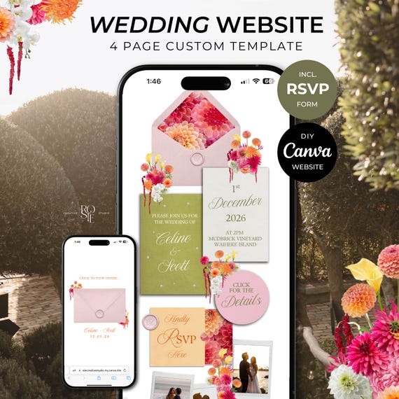 Bright Pink, Orange & Green Wedding Website Template with RSVP: Editable Canva Design (Digital Download)