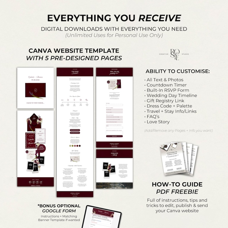 May include: A digital Canva website template for weddings featuring five pre-designed pages in a deep burgundy and white color scheme. Includes a how-to PDF guide and a bonus Google Form template. Text includes Everything You Receive and Ability to Customise.