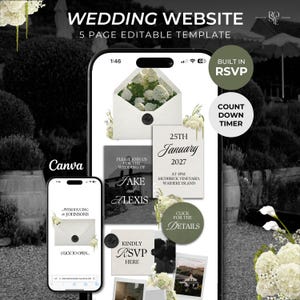 Ivory, Green & Black Floral Wedding Website Template with RSVP: Editable Canva Design (Digital Download) image 1