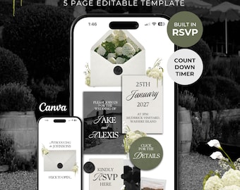 Ivory, Green & Black Floral Wedding Website Template with RSVP: Editable Canva Design (Digital Download)