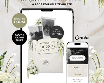 Ivory & Green Floral Save the Date Website: Canva Digital Invitation Template (Digital Download)