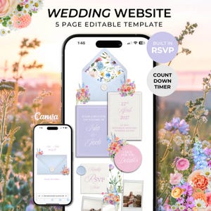 May include: A 5-page editable wedding website template displayed on two smartphones. The design features light purple and blue envelopes, floral illustrations, and text including "Wedding Website," "RSVP," and "22nd April 2027."
