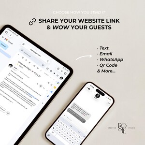 Może przedstawiać: Tablet i smartfon wyświetlające cyfrowe interfejsy zaproszeń. Tablet pokazuje wiadomość Gmail zatytułowaną Unveil the Magic, a telefon wyświetla wiadomość tekstową. Tekst brzmi: CHOOSE HOW YOU SEND IT, SHARE YOUR WEBSITE LINK & WOW YOUR GUESTS, Text, Email, WhatsApp, Qr Code & More.