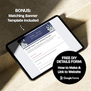 May include: A digital tablet displays a wedding invitation mailing details form. The form includes fields for names, addresses, and RSVP information. Text on the screen reads "SARA - RYAN 10TH MARCH 2027". A bonus matching banner template is included.