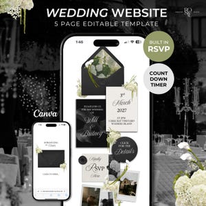 Black, Ivory & Green Floral Wedding Website Template with RSVP: Editable Canva Design (Digital Download)