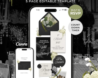 Black, Ivory & Green Floral Wedding Website Template with RSVP: Editable Canva Design (Digital Download)