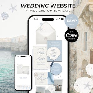 May include: A digital wedding website template displayed on a smartphone, with a seashell theme. The design includes RSVP forms and Canva website integration. Text on the screen reads "Wedding Website" and "4 Page Custom Template."