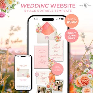 Op de afbeelding: Een digitale trouwwebsite-sjabloon weergegeven op twee smartphones, met vijf bewerkbare pagina's met florale aquarelaccenten, roze tekst en geïntegreerde RSVP- en afteltimerfuncties. Het ontwerp bevat een envelopafbeelding.