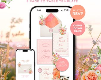 Warm Pastels Wedding Website Template with RSVP: Editable Canva Design (Digital Download)