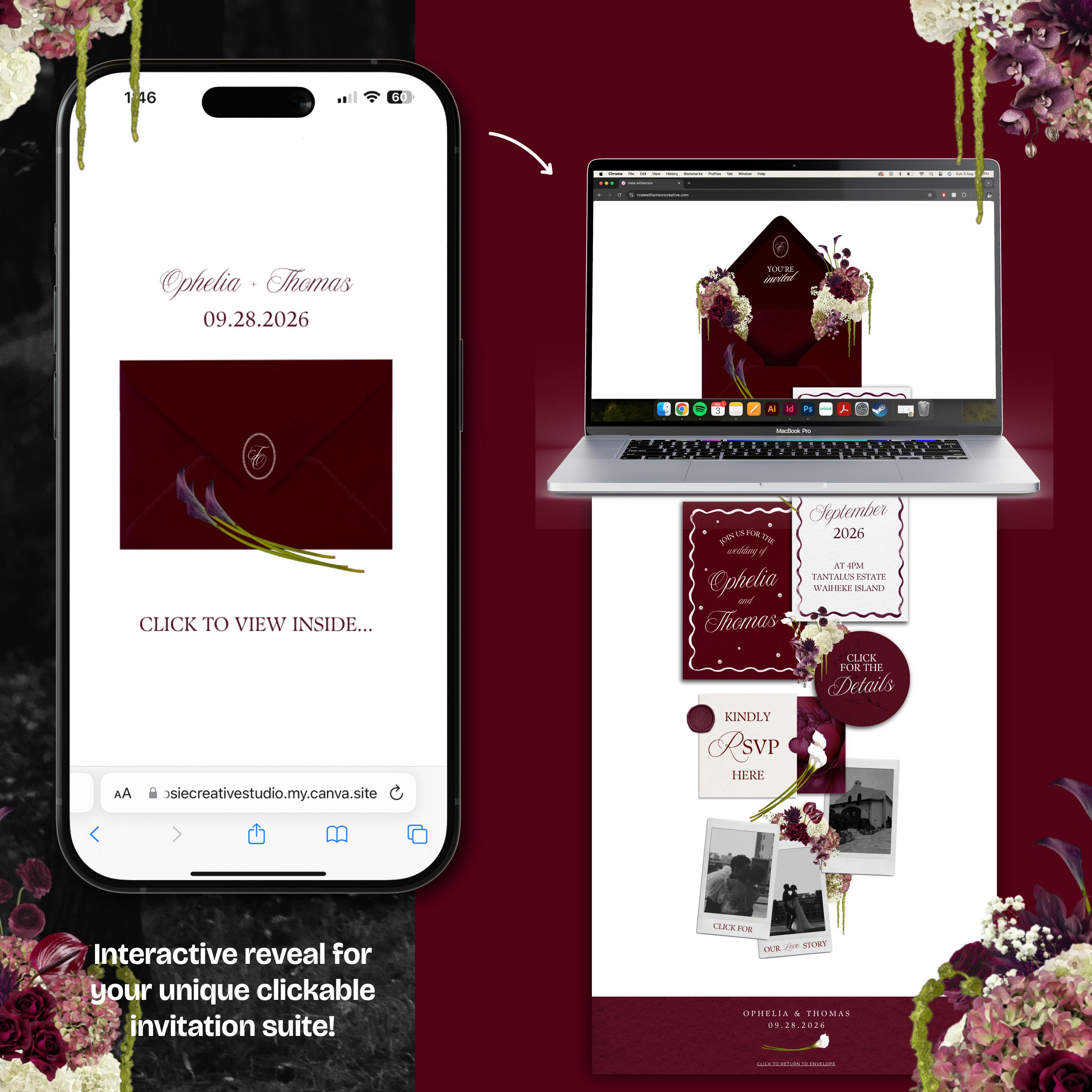Burgundy Floral Wedding Website Template with RSVP: Editable Canva