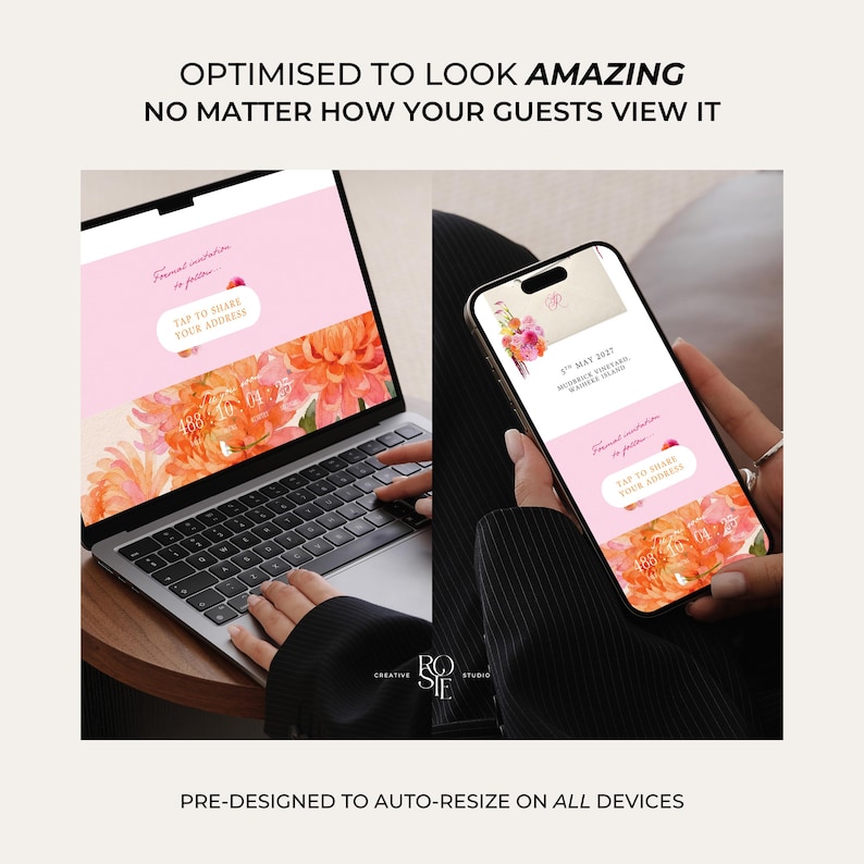 May include: A digital wedding invitation template displayed on a laptop screen and a smartphone, featuring a pink background with orange floral illustrations, a countdown timer, and a button labeled TAP TO SHARE YOUR ADDRESS, with text OPTIMISED TO LOOK AMAZING.