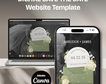 Sage Floral Save the Date Website: Canva Digital Invitation Template (Digital Download)