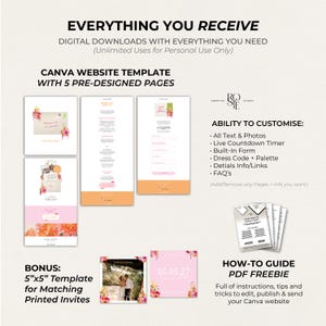 May include: A digital Canva website template set featuring five pre-designed pages with floral accents, including a countdown timer, form, and FAQ section. Includes a 5"x5" matching printed invitation template and a PDF how-to guide for customisation.