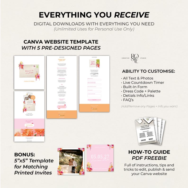 May include: A digital Canva website template set featuring five pre-designed pages with floral accents, including a countdown timer, form, and FAQ section. Includes a 5"x5" matching printed invitation template and a PDF how-to guide for customisation.