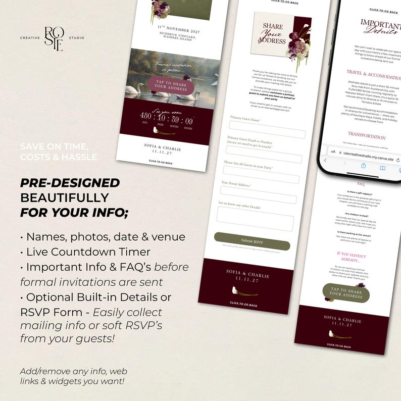May include: A digital wedding invitation template set featuring a dark burgundy and white color scheme with floral accents, swan imagery, a countdown timer, RSVP form fields, and informational sections for travel, accommodation, and event details.