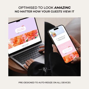 Pode incluir: Um computador port&aacute;til e um smartphone exibem um modelo de convite de casamento digital com gr&aacute;ficos florais laranja, o texto Abbey & Jack 02.02.27 e um bot&atilde;o com a inscri&ccedil;&atilde;o Tap to share your address em layouts responsivos para dispositivos.