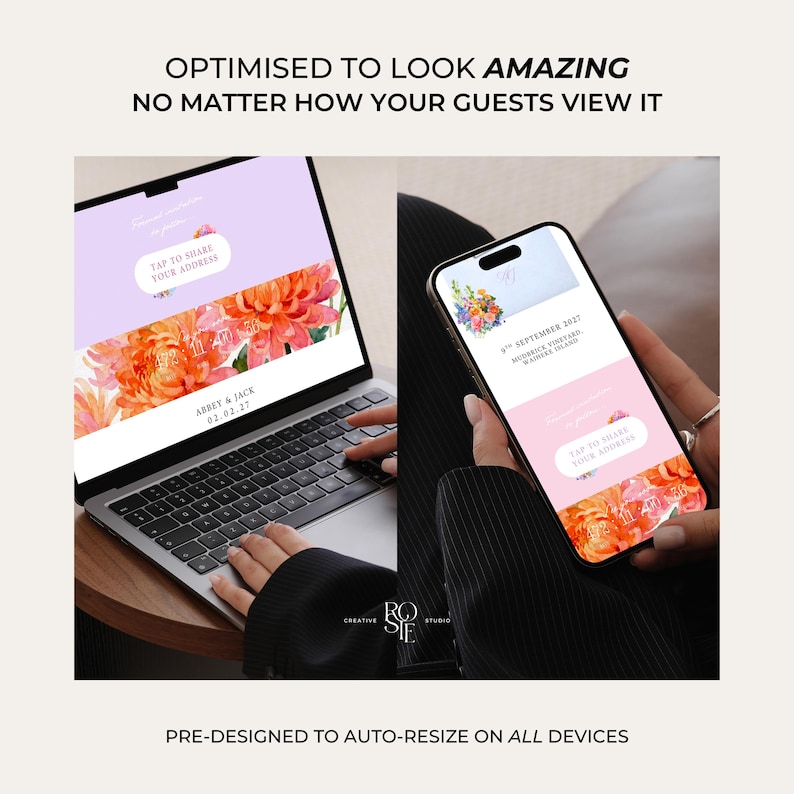 Pode incluir: Um computador port&aacute;til e um smartphone exibem um modelo de convite de casamento digital com gr&aacute;ficos florais laranja, o texto Abbey & Jack 02.02.27 e um bot&atilde;o com a inscri&ccedil;&atilde;o Tap to share your address em layouts responsivos para dispositivos.