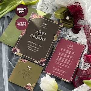 May include: A wedding invitation suite featuring a dark brown main card with floral accents, a maroon details card, and a small olive green card with the text Will You Join Us. The set includes a matching olive envelope and a green velvet ring box.