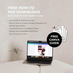 May include: A laptop displaying a design interface with a stack of documents labeled Free How-To PDF Download with step-by-step instructions for editing, publishing, and customizing a website, plus a circular badge stating Free Canva Guide.
