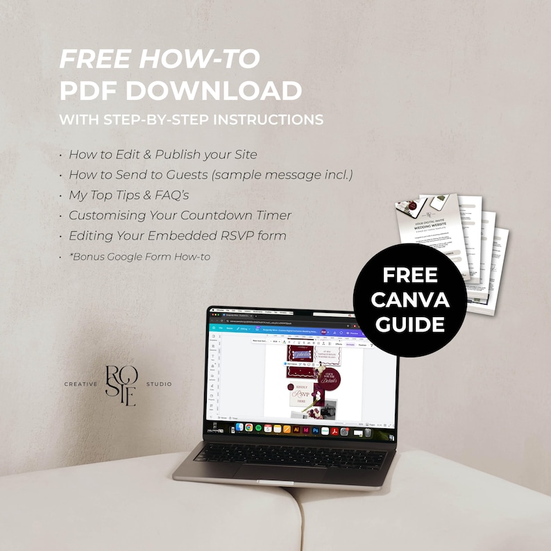 May include: A laptop displaying a design interface with a stack of documents labeled Free How-To PDF Download with step-by-step instructions for editing, publishing, and customizing a website, plus a circular badge stating Free Canva Guide.