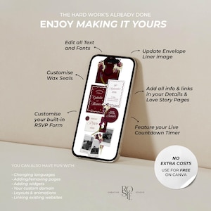 May include: A smartphone displaying a digital wedding invitation template with burgundy and floral accents. Text overlays highlight features like editable text, custom wax seals, RSVP forms, and countdown timers. A circular badge notes free use on Canva.
