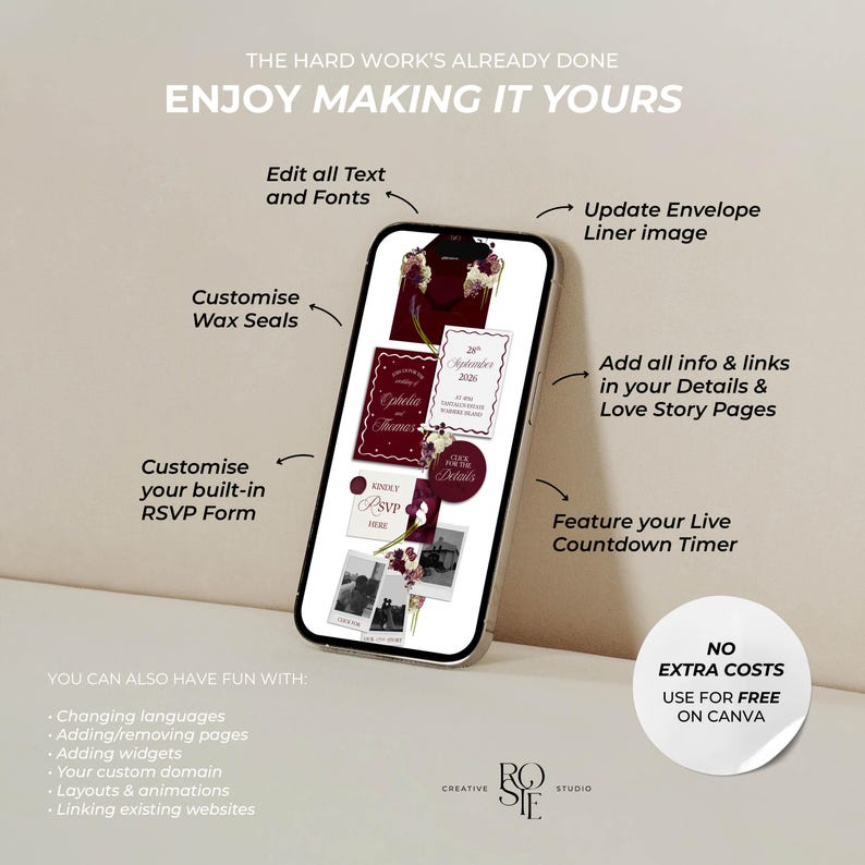 May include: A smartphone displaying a digital wedding invitation template with burgundy and floral accents. Text overlays highlight features like editable text, custom wax seals, RSVP forms, and countdown timers. A circular badge notes free use on Canva.