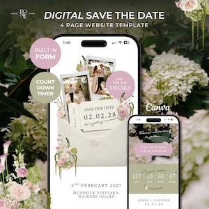 Puede incluir: Una plantilla de sitio web digital de 4 páginas para "save the date" mostrada en dos teléfonos inteligentes. El diseño presenta acentos florales, dos fotos de pareja estilo polaroid, un gráfico de sobre y texto que incluye "Save our date 02.02.28" y "Mudbrick Vineyard, Waiheke Island".