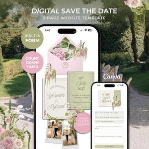 Pode incluir: Um modelo de site digital de 3 páginas para save the date exibido em dois smartphones. As telas mostram gráficos florais, um envelope, detalhes do casamento de Yesenia e Ryland em 10 de julho de 2027, espaços para fotos e um formulário.