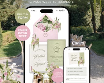 Pink & Green Save the Date Website with RSVP/Details: Canva Digital Invitation Template (Digital Download)