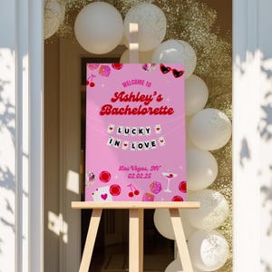 Vegas Bachelorette Welcome Sign | Lucky in Love Theme Las Vegas | DIY Editable Printable Template | Pink Red Custom Bach Party Weekend