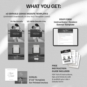 May include: A digital wedding invitation template package with website templates, an RSVP form, and a bonus 5"x5" template for printed invites. Includes a free instruction guide. The design features black and white photos.